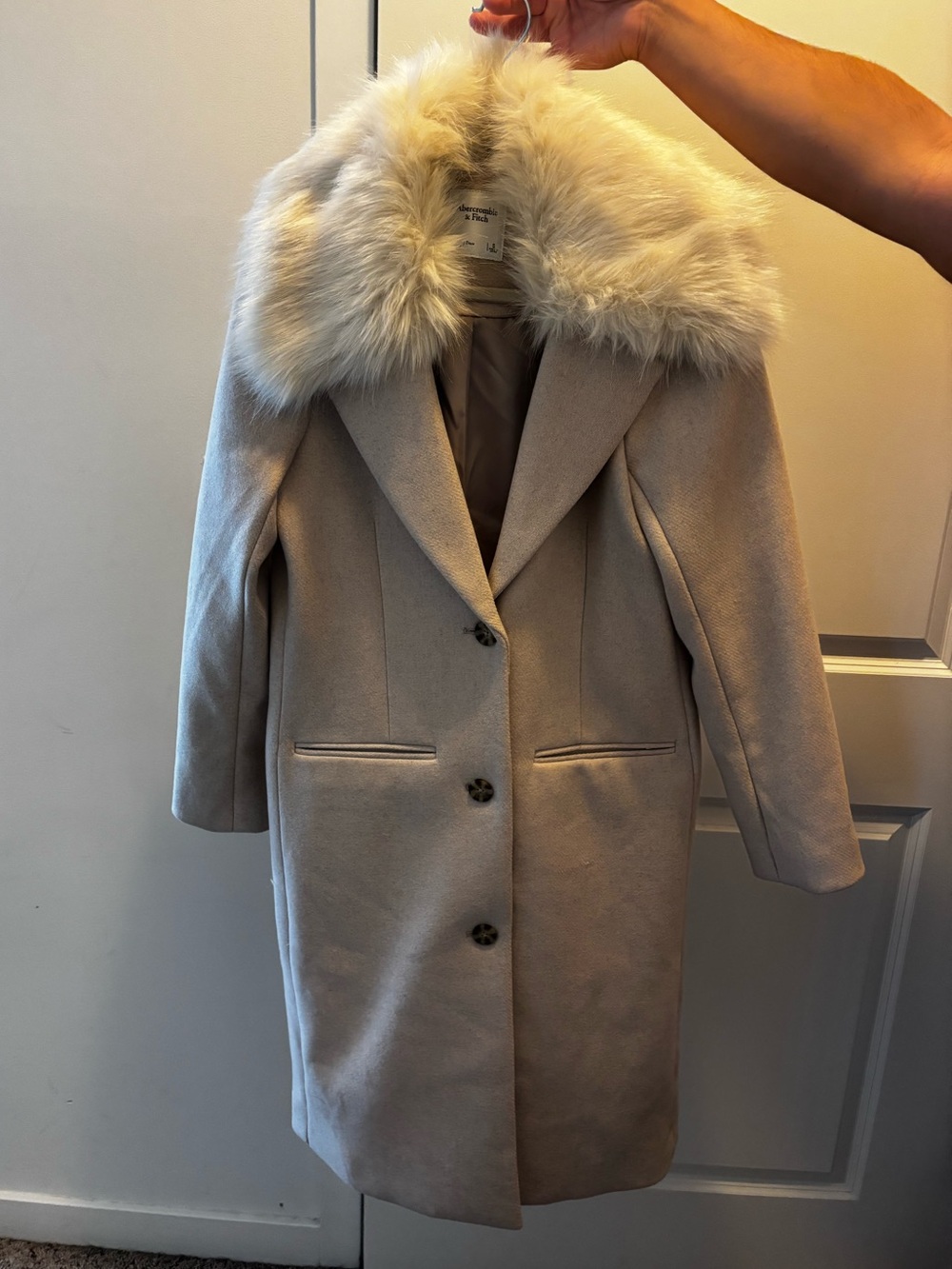Abercrombie & Fitch Wool Blend Tan Long Length Coat w Removable Faux Fur Collar - Picture 14 of 16
